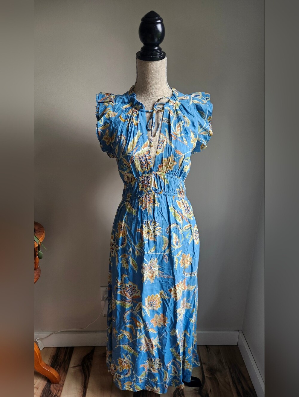 NWT Patrons of Peace Sky Blue Floral Maxi Dress with Tie Neck